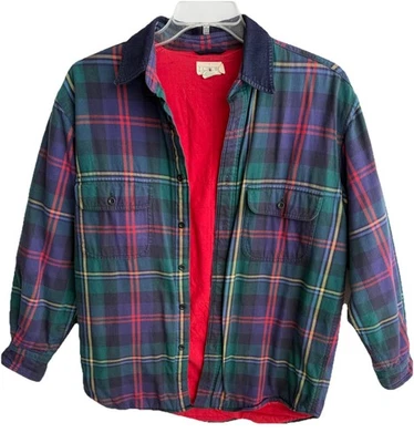 VTG 90s J.Crew Plaid Flannel Quilt Lined Button Up Shacket Corduroy Collar XS - Image 1 of 4