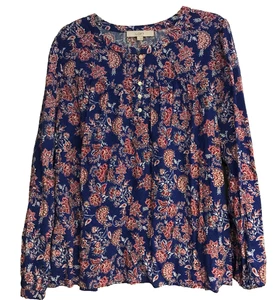 Loft 2XL Blue Red Floral Tunic Top Popover Long Sleeve Pleats - Picture 1 of 9