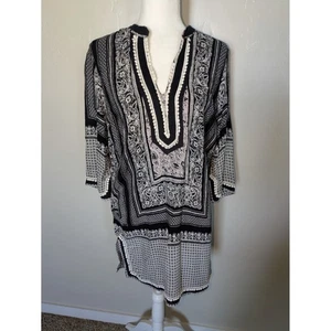 Ark & Co Black White Boho Tunic Dress Medium Paisley Geometric Print 3/4 Sleeve - Picture 1 of 13