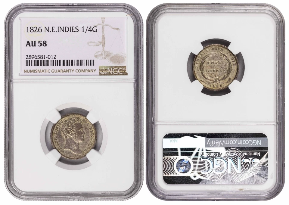 *** NGC *** NETHERLANDS EAST INDIES *** 1/4 GULDEN 1826 *** AU58 ** SCARCE ***b3 - Image 1 of 1