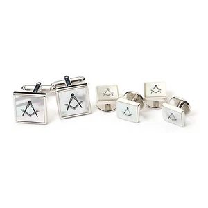 Stunning Craft Boxed Masonic MOP Cufflinks & Dress Shirt Studs x6 Rhodium Plated - Picture 1 of 4
