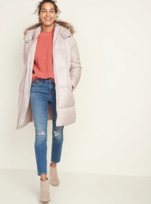 Old Navy S Hooded Frost-Free Long-Line Puffer Jacket, S Small 4 6 Pink NWT - Image 1 of 4