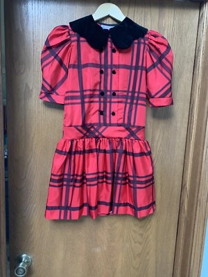 Marthas Miniatures Red Blck Plaid Poly “Taffeta” Vintage Dress Black Velvet Trim - Image 1 of 4