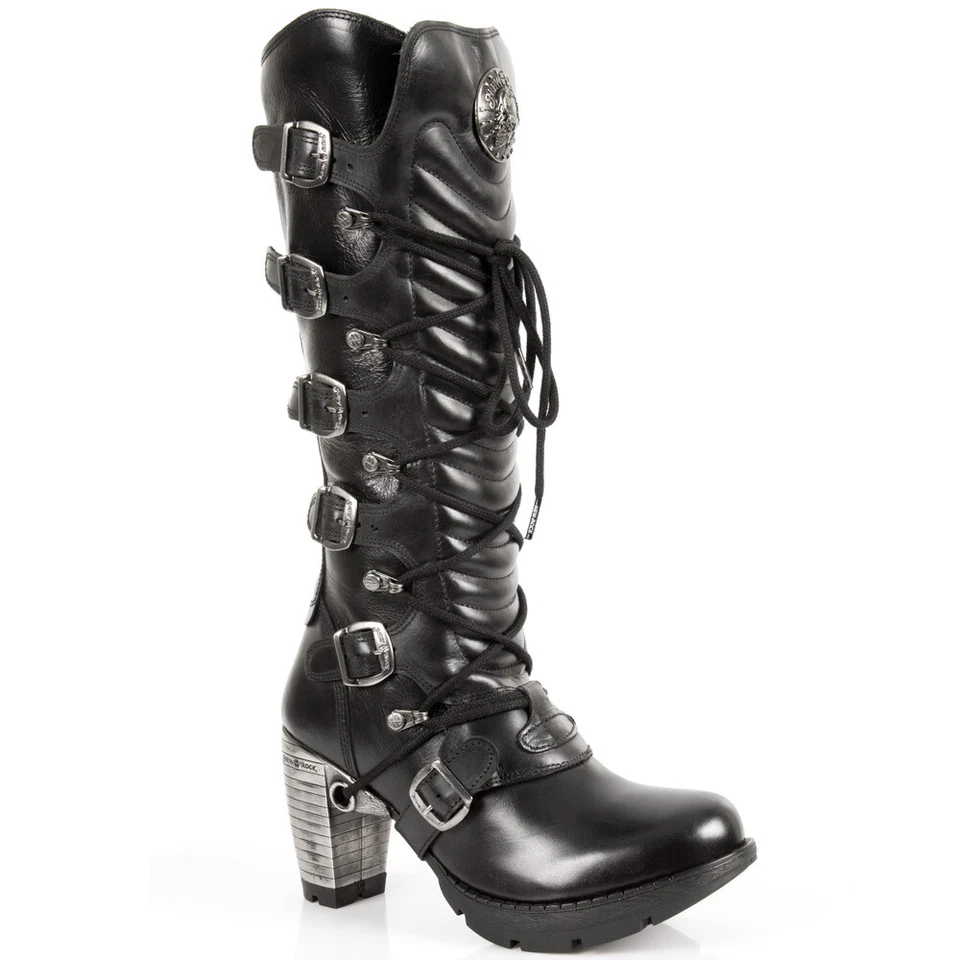 New Rock TR004-S1 Ladies Black Leather Boots Buckle Lace Knee High Biker Boots - Image 1 of 4