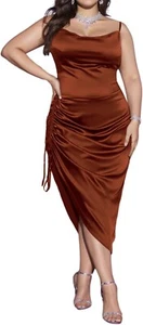 Women's Plus Size Satin Cowl Neck Side Drawstring High Slit Party Dress, XL (B33 - Picture 1 of 6