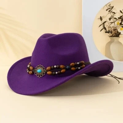 Purple Cowboy & Cowgirl Hat – Wide Brim, Brown Bead Strap, Retro Western Look - Image 1 of 4