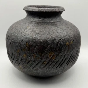 Handcrafted Artisan Signed Textured Black Vase With Carved Decorative Markings - Picture 1 of 8