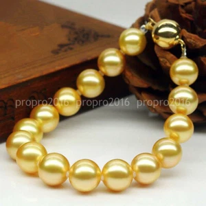 Gold Yellow Shell Pearl 8/10/12/14/16/18/20mm Round Beads Bracelet 7.5'' - Picture 1 of 13