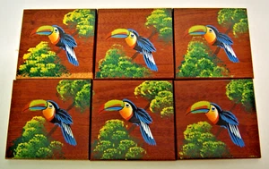 Vtg Set of 6 HP Toucans on Wood Coasters 3.50"x3.50". Granny's Tiki Bar - Picture 1 of 6