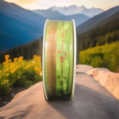 Green w/ Red Fleur De Lis Wired  Acetate ribbon  1" By 25M/ 82FT made in France - Image 1 of 4