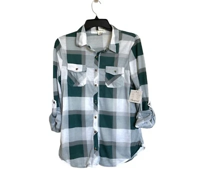 Women's Medium Junior Size Passport Shirt Plaid Green/White Button Front Top - Image 1 of 2