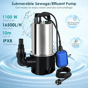 Pompa acqua sporca 1100 W acciaio inox pompa sommersa 16500 l/h con vassoio galleggiante 35 mm - Foto 1 di 6