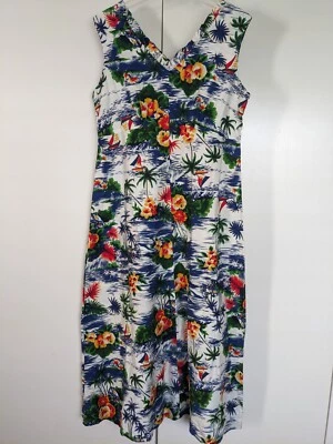 Vestido largo vintage Hukilau Fashions línea A palmeras hawaianas hibisco velero Foto 1 de 4