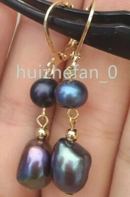 Preciosos Pendientes de Perlas Barrocas Negras Tahití Naturales Verdaderas Oro 14k P Foto 1 de 4
