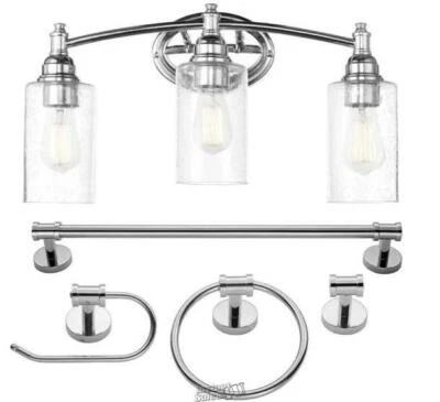 Globe-20 in. 5-Piece Bath in a Box Chrome Vanity Light with Seeded Glass Shades - Image 1 of 3