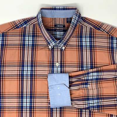 Camisa para hombre IZOD naranja y azul a cuadros elástica manga larga abotonada talla grande Foto 1 de 4