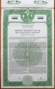 Gallatin County, MT Montana SPECIMEN 1954 School Bond Certificate - Mont - Imagen 1 de 1