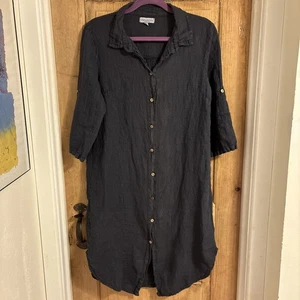 Prachtvolles italienisches Hemdkleid Iris Leinen Boho blau Rollriegelärmel Knöpfe - Bild 1 von 8