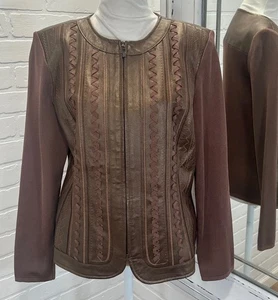 Nygard Collection Gr. Petite M Metallic Bronze Lederjacke Strickärmel - Bild 1 von 10