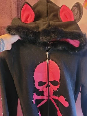 Living Dead Souls Y2K Goth Hoodie D-ring pink skull - Image 1 of 4