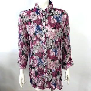 Chico's 3 US XL 100% Silk Chiffon Textured Sheer Button Long Sleeve Shirt Floral - Picture 1 of 10