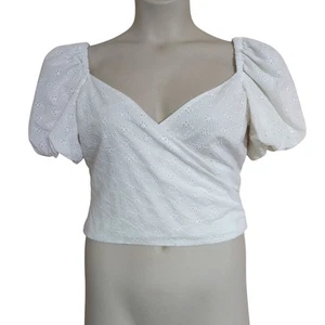 Crop top Bar III bianco occhiellato cotone finto avvolgente manica a bolla usato in ottime condizioni - taglia 8 - Foto 1 di 7