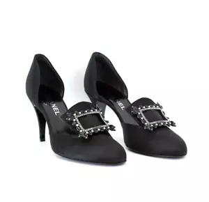 Bomba CHANEL Vintage Negro Satinado D'orsay Hebilla Grande Frontal Talla 38 - Imagen 1 de 6