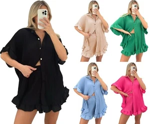 Womens Gold Button Pleated Frill Ruffle Shirt Ladies Shorts Two Piece Co ord Set - Picture 1 of 10