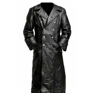 Men Genuine Lambskin Real Leather Long Trench Coat Button Black Classic Jacket - Picture 1 of 4