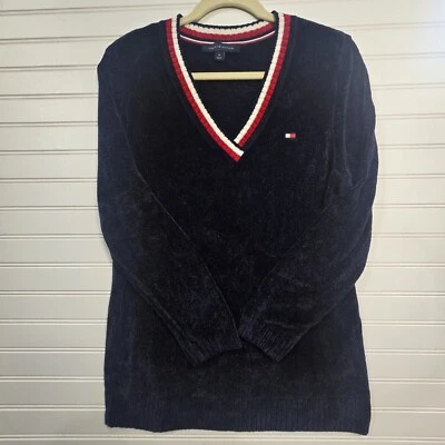 Suéter feminino Tommy Hilfiger chenille M azulado preto e listrado gola V longo Slv - Imagem 1 de 4