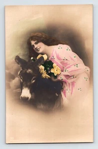 Postcard RPPC Beautiful Woman Hand Tinted Mule Donkey 1920s Unposted - Picture 1 of 2