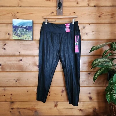 Teez Her NWT Black Faux Leather Crop Leggings Tummy Slims Smooths Pants Sz Large - Image 1 of 4