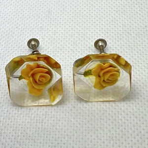 Vintage Yellow Rose Reverse Carved Screw back Earrings Octagon - Picture 1 of 6