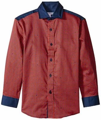 Isaac Mizrahi 复活节礼服衬衫 8 码红色蓝色假日婚礼纽扣 — 第 1/4 张图片