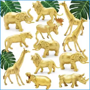 12PCS Metallic Gold Plastic Animal Figurines Toys, Jumbo Safari Zoo, Jungle Wild - Picture 1 of 12
