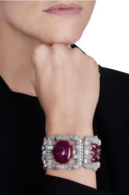 Brazalete de mujer 102,12 TCW simulado zafiro y cabujón rojo granate en plata 935 Foto 1 de 4