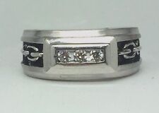 Men's Sterling Silver 925 Three Stone CZ - Black Enamel Chain Band Ring 10.50