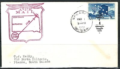 US Year of 1959 Spearfish Air Mail First Flight Cover, (used and crease ). - Image 1 of 2