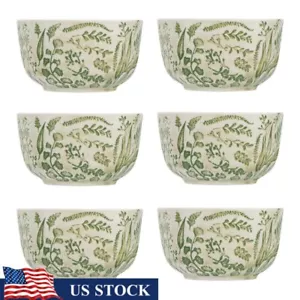 Stoneware Bowls Set 6 Pcs Embossed Green Pattern Microwave Oven Safe Kitchen New - Picture 1 of 4