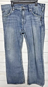 Silver Jeans Zac Mens Bootcut Jeans 40x34 Faded Whiskered Denim Embroidered Blue - Picture 1 of 15