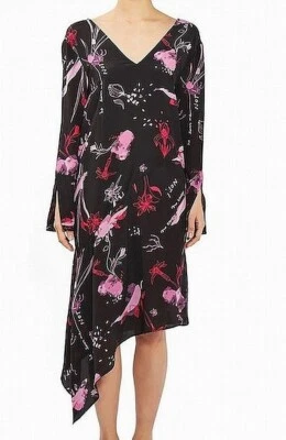 TOPSHOP 100% Silk Midi Dress Asymmetrical Hem Floral Black Pink Sz 2 NEW - Изображение 1 из 4