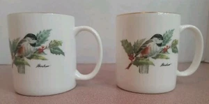Paar Vintage Boehm Fine Bone Porzellan CHICKADEE & HOLLY Tassen - Bild 1 von 4