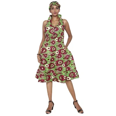 African Women's 3 Button Halter Midi Smocking Dress -- FI-3028S - Image 1 of 4