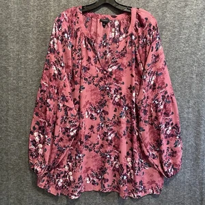 Torrid Top Damen 4 4X rosa Blumen V-Ausschnitt Knopf fließend Popover Tunika Bluse - Bild 1 von 9