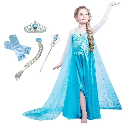 CRÍVEL Vestido de Princesa Infantil Fantasia Cosplay Luxo Conjunto de 6 Peças Azul Gelo Pr 981 - Imagem 1 de 4