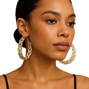 Grobe Kette Creolen Kristall Strass goldfarben großes Statement - Bild 1 von 4