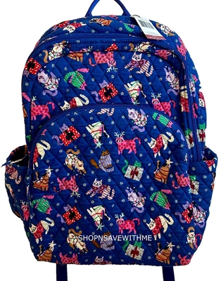 Vera Bradley Essential Large Catnip Christmas Holiday Blue Cotton Backpack NWT - Image 1 of 4