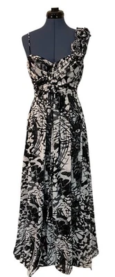 Betsy & Adam Black White Floral Sleeveless Ruched Maxi Dress Whimsigoth Formal 8 - Image 1 of 4