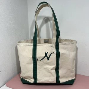 LL Bean Boat and Tote Canvas Bag Cream Green Embroidered ‘N’ 90’s 2000’s - Picture 1 of 11