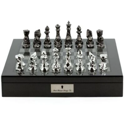 Dal Rossi Diamond Cut Silver Titanium Chess Set on 16" Carbon Fibre Finish Board - Image 1 of 4